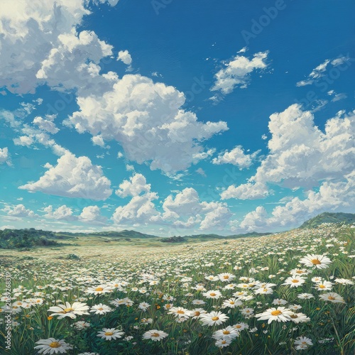 A sunny field of white flowers under a bright blue sky with fluffy white clouds