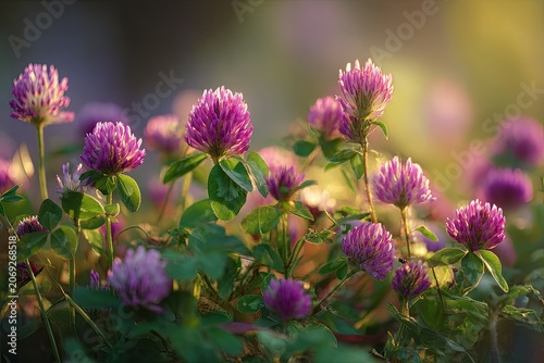 Close-up of vibrant purple clover flowers blooming in a sunlit field, with green leaves