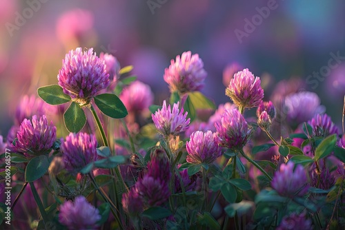 Close-up captures vibrant pink clover flowers bathed in soft sunlight, creating a dreamy atmosphere