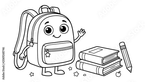 Backpack character waving hand next to stack of books and pencil outline for school educational activity