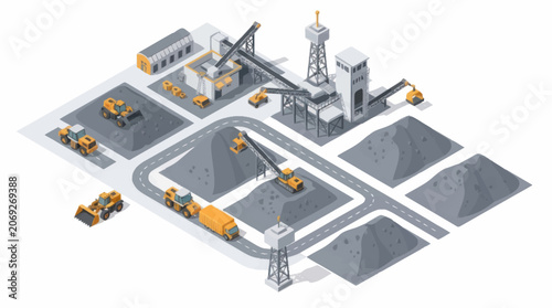 Photos Industrial mining complex with heavy machinery and raw materials.