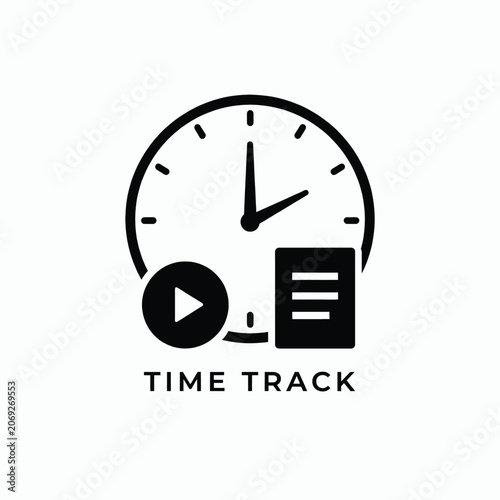 Εκτύπωση καμβά Clock face with play button and list icon a black flat vector graphic on a white