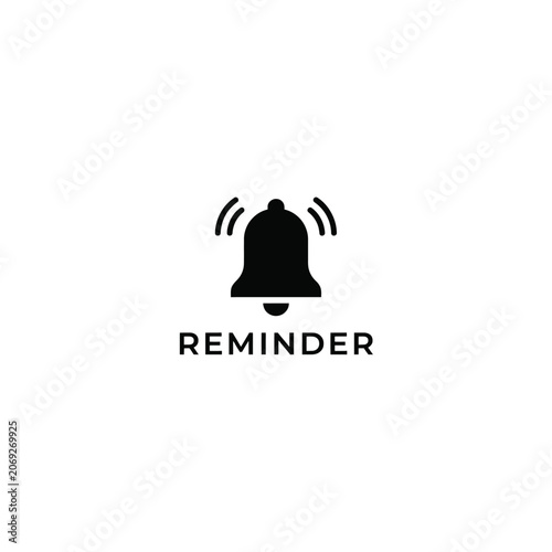 Black silhouette of a ringing bell with the word reminder underneath on a white background alarm alert black and white communication