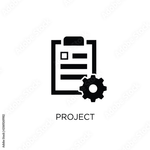 Document with checklist and gear icon a flat black silhouette on a white background to do list task paper sheet