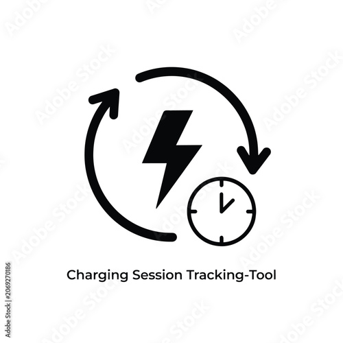 Charging session tracking tool icon with lightning bolt and clock black silhouette on a white background electricity power clock