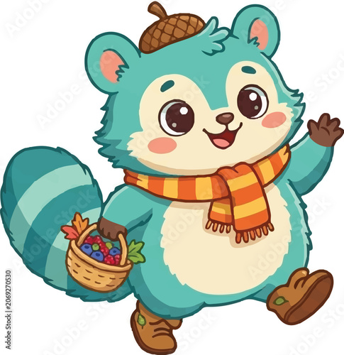 Raccoon, Cartoon, Cute, Illustration, Vector, Adorable, Sweet, Furry, Teal, Animal, Forest, Woodland, Isolated on White, White Background, Character, Mascot, Waving, Greeting, Walking, Happy, Smiling,