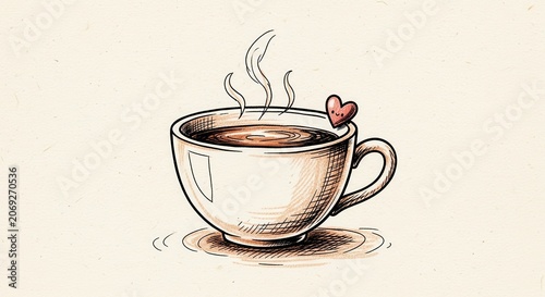 Steaming Cup of Coffee with Heart Decoration.