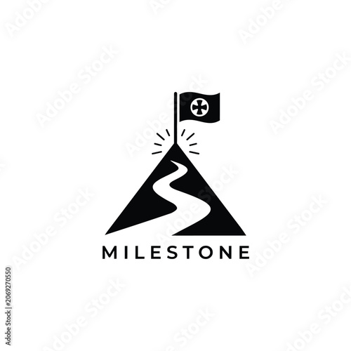 Tableau sur toile Mountain with flag silhouette on a white background representing achievement and