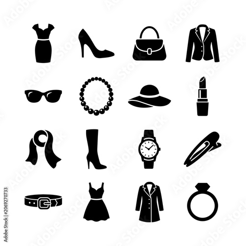Canvas Print Flat black silhouette women's fashion icon set featuring clothing, accessories, luxury style, beauty products and modern fashion symbols