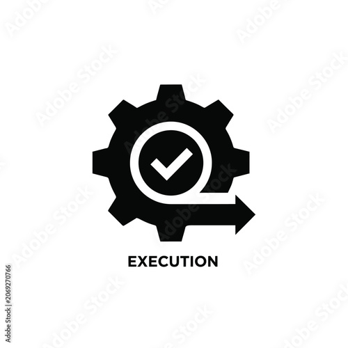Gear with checkmark and arrow a black silhouette icon on a white background representing execution cogwheel mechanism teeth sprocket
