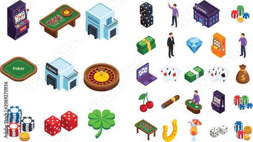 Foto Isometric Casino and Gambling Set – Slot Machine, Poker Chips, Roulette, Dice, C