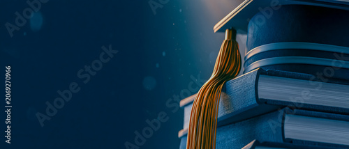 卒業帽と本の積み重ねが象徴する学びと未来のイメージ