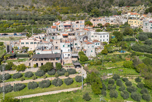 Aerial view of clustered stone houses in Verezzi, one of the most beautiful villages of Liguria region, Italy