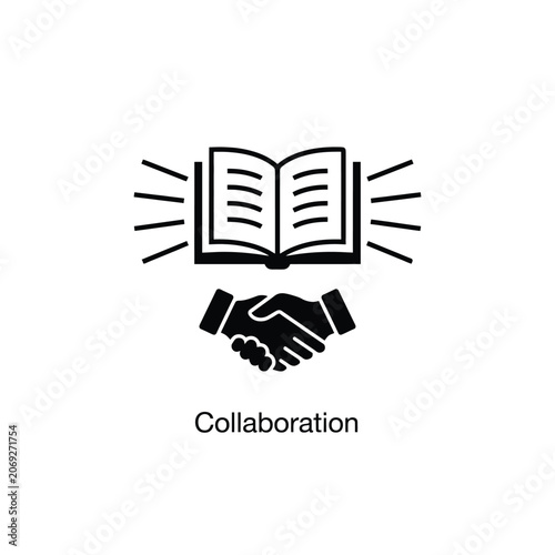 Bild auf Leinwand Open book with radiating lines above a handshake a black silhouette on a white b