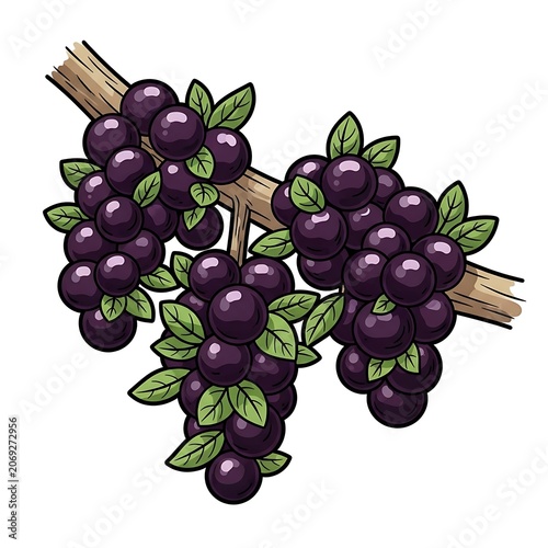 Fresh purple grapes with green leaves on vine.
