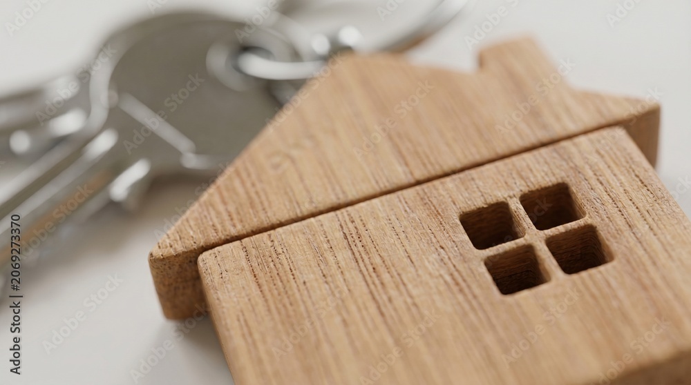 Fototapeta premium Wooden House Shape Keychain with Metal Keys for Real Estate and Home Ownership
