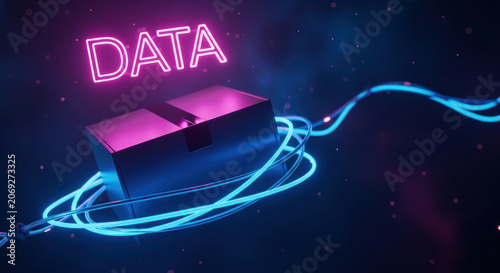 Data concept with glowing neon box and blue light trails symbolizing e commerce logistics evolution in digital delivery system