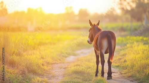 Donkey standing on a path in the warm sunset light