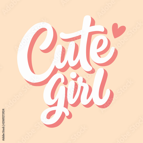 Cute Girl hand-lettering typography illustration with stylish pink script text and heart accent. Feminine modern calligraphy design for t-shirts, stickers, posters, greeting cards, social media, print