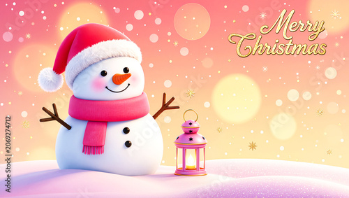 Cute 3D Snowman with Lantern in a Magical Christmas Scene