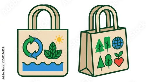 Reusable cotton tote shopping bag vector illustration set with green ecology icons