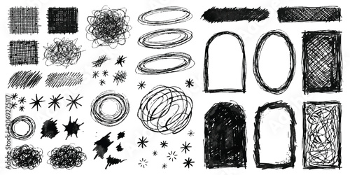 Collection of hand drawn pencil scribble frames shapes and ink brush strokes for creative design