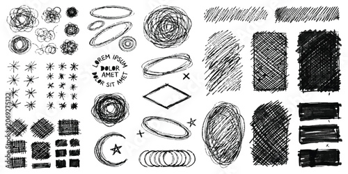 Foto Set of hand drawn pencil scribble shapes and textured brush strokes