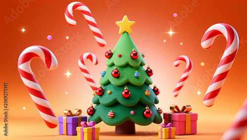 Festive 3D Christmas Scene with Tree, Gifts, and Candy Canes