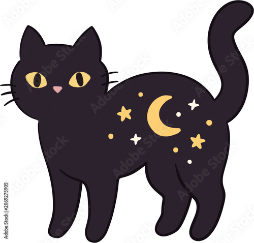 Cute black cat with crescent moon and stars celestial doodle illustration.