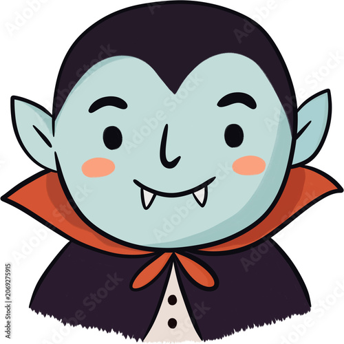 Cute little vampire boy smiling with fangs, cartoon Dracula character for Halloween.
