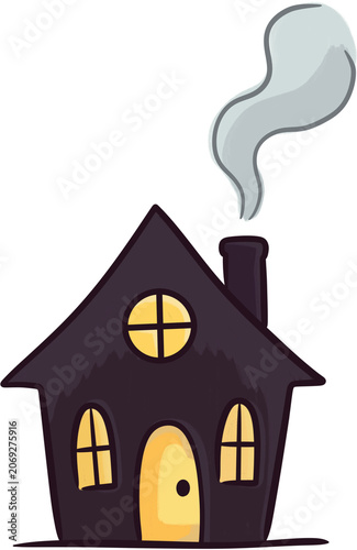 Cute spooky house with glowing windows and smoke from chimney doodle illustration.