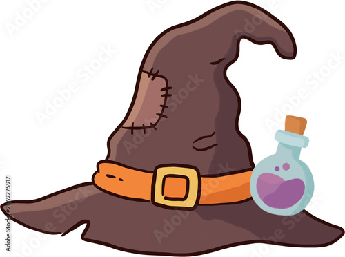Cute brown witch hat with patch and magic potion bottle illustration.