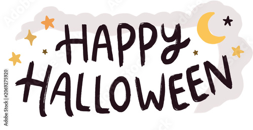 Cute Happy Halloween hand drawn lettering sticker with moon and stars.