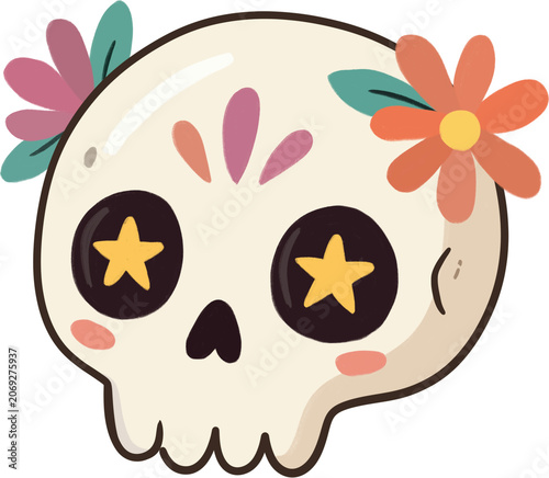 Cute Halloween Sugar Skull with Flowers and Star Eyes Illustration.