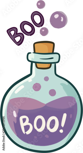 Cute Halloween ghost potion bottle with Boo text illustration.