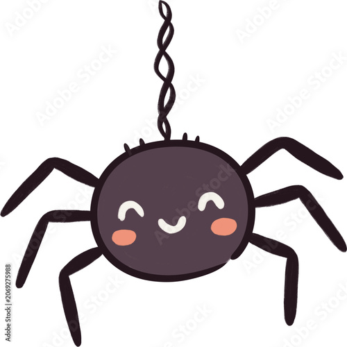 Cute spider hanging from web string, funny cartoon character for Halloween.