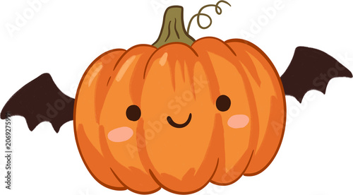 Cute Halloween pumpkin with bat wings and a smiling face in kawaii doodle style.