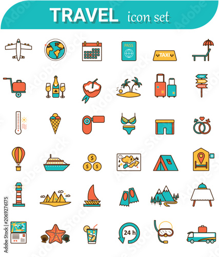 Φωτογραφία Travel and summer vacation icon set with thirty six colorful symbols for tourism, trip and holiday