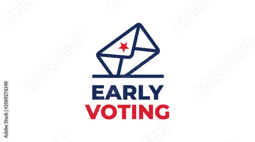 Minimalist early voting emblem featuring a stylized envelope icon with a bold red star symbol