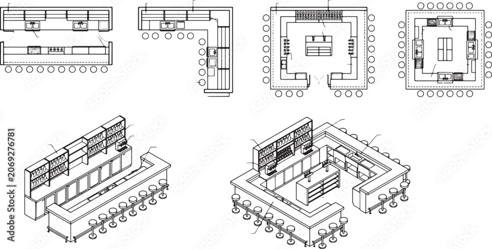 Obraz premium Commercial Bar Design Layouts Featuring Floor Plans and Isometric Views for Restaurant and Hospitality Interior Planning Projects