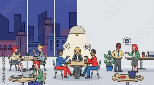 Business people working and meeting in a modern night office illustration