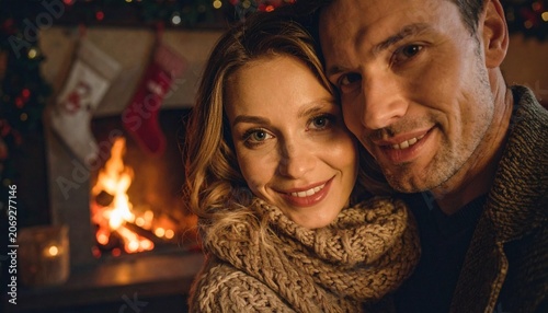 Couple embracing by fireplace with Christmas stockings