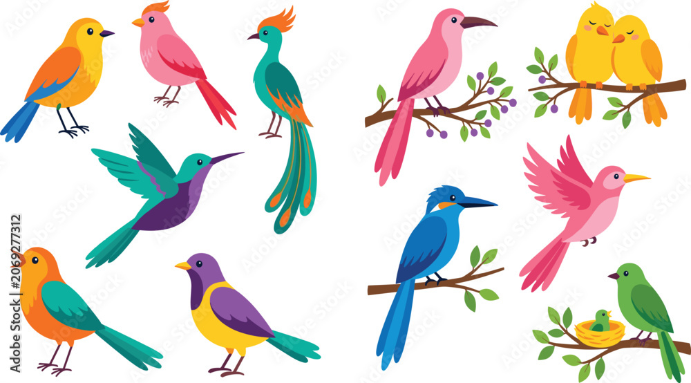 Fototapeta premium Colorful Cartoon Birds Collection – Vector Illustration Set