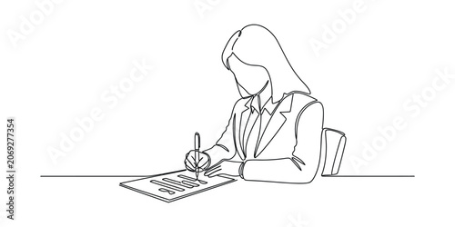 Businesswoman signing document line art illustration.