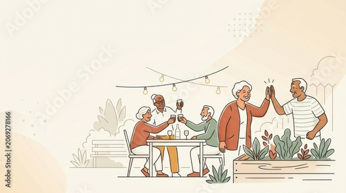 Senior friends illustration having dinner and giving high five in garden banner