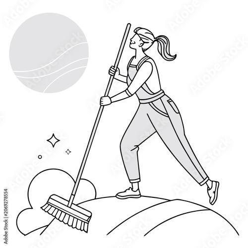 Woman sweeping and cleaning outdoor space line art illustration with cleaning sweeping housework housekeeping maintenance