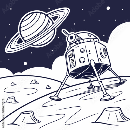 Lunar lander vehicle exploring alien planet surface with ringed planet view exploration astronomy universe celestial