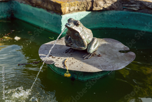 Decorative frog sculpture fountain on metal lily pad in Ornamental Gardens in Ottawa, Canada