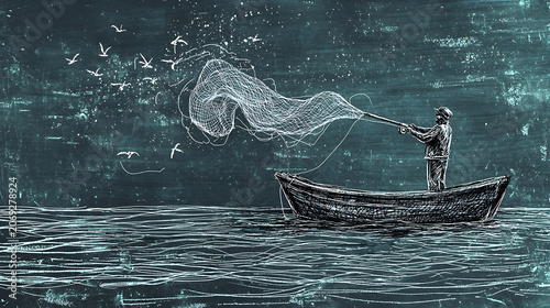 Man in small boat casting fishing net into water with birds flying overhead at dusk