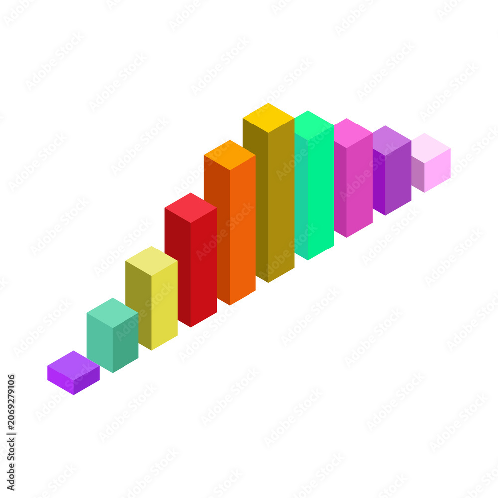 Fototapeta premium Dynamic series of ten colorful isometric bar charts arranged in ascending order on transparent background for data presentation.